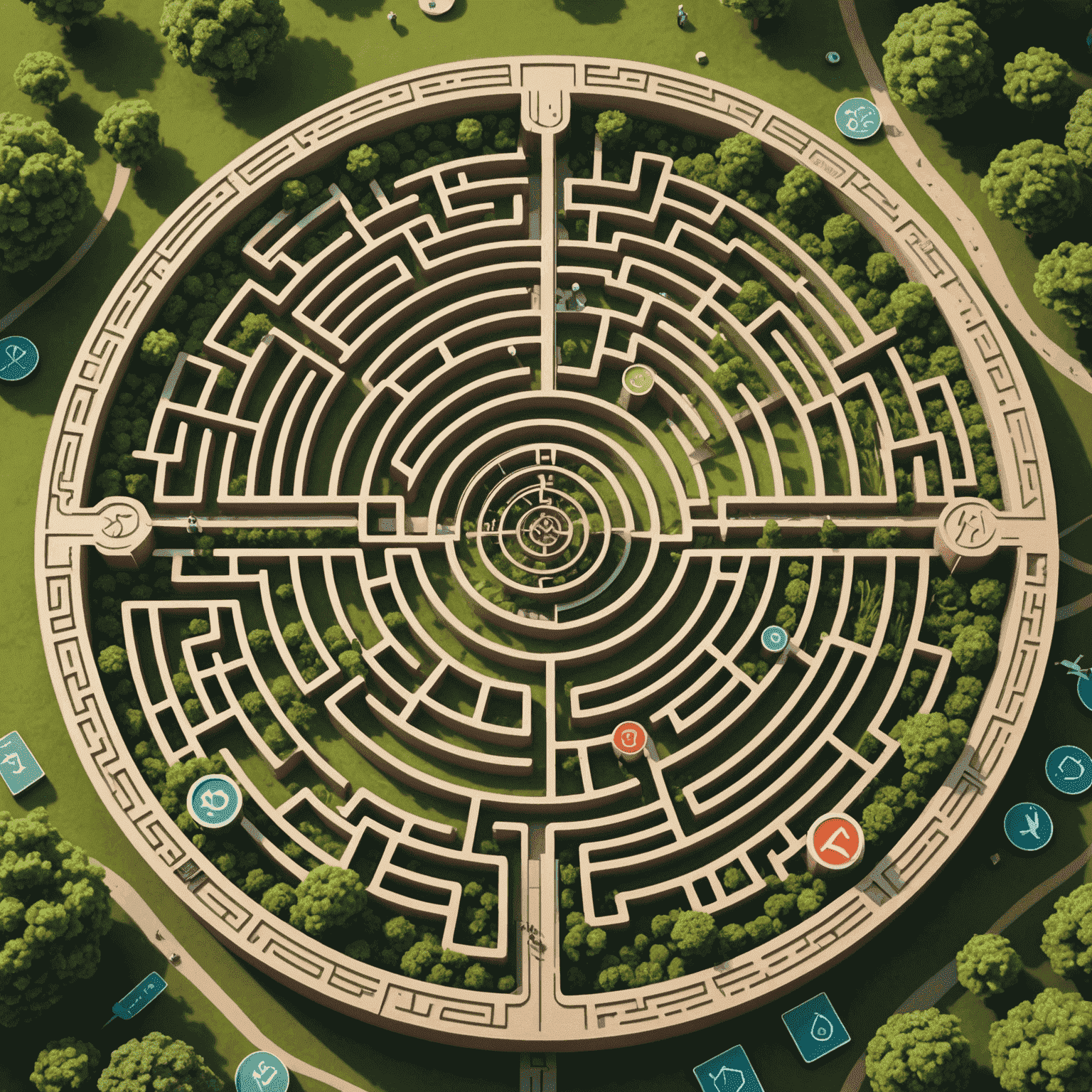 A complex maze with various regulatory symbols and startup icons, representing the challenging landscape of startup compliance