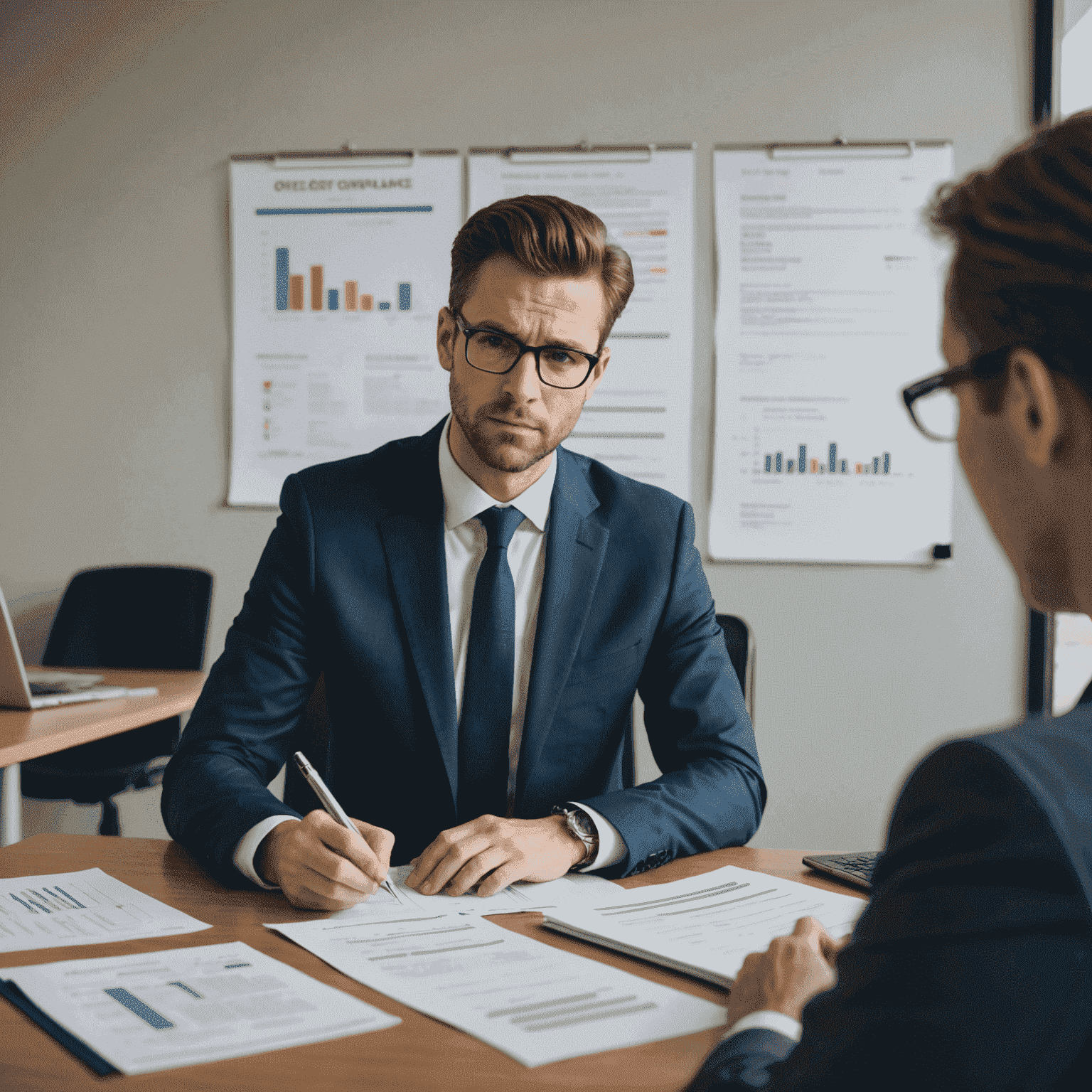 A split image showing a business professional looking worried while reviewing financial documents on one side, and a confident team implementing compliance strategies on the other