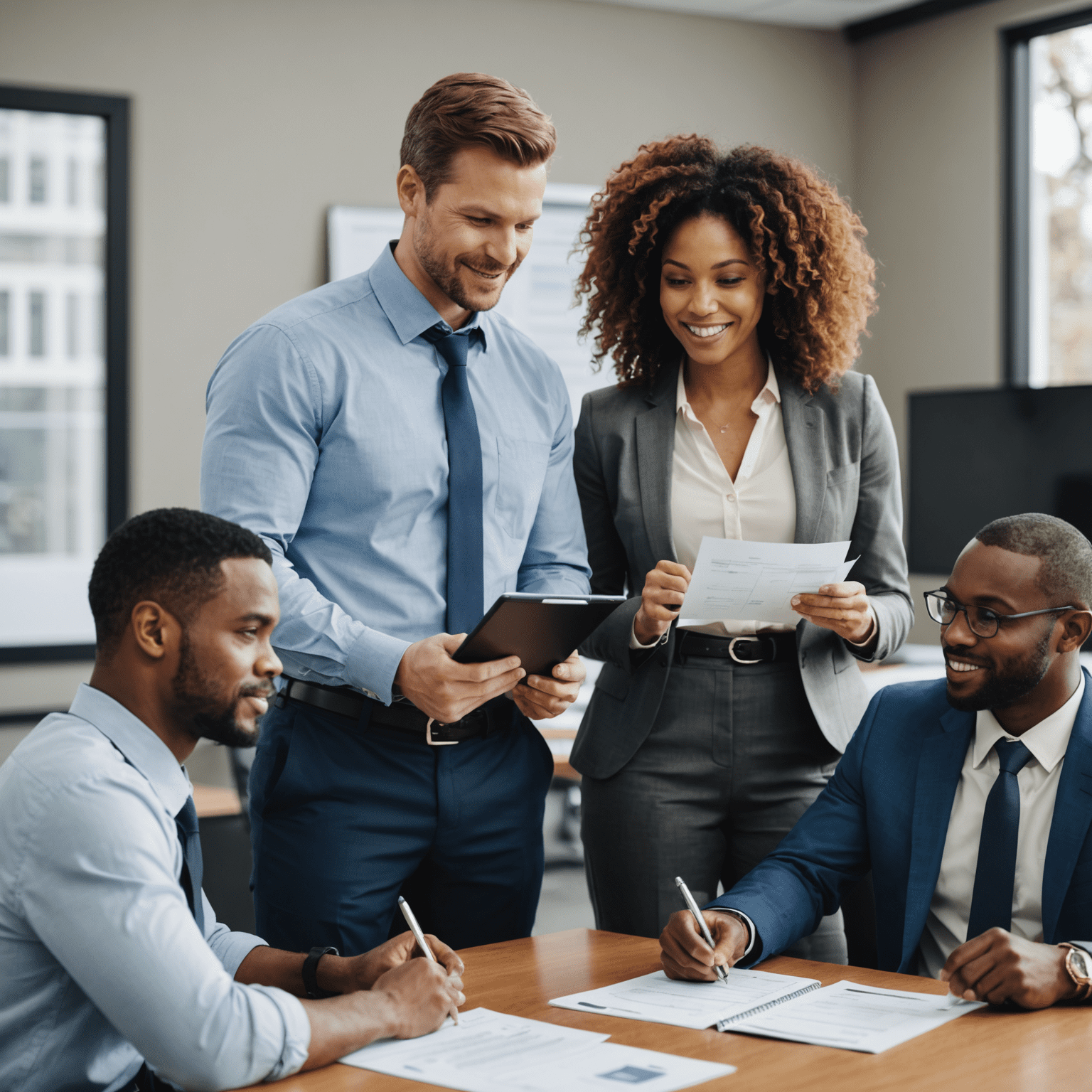 A diverse group of small business employees gathered around a conference table, reviewing compliance documents and engaging in a training session. The image conveys a collaborative and positive atmosphere, emphasizing the importance of team involvement in building a culture of compliance.