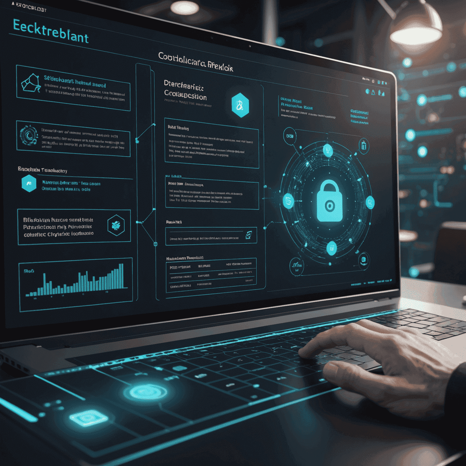 Futuristic interface showing blockchain-based compliance tracking and AI-powered risk prediction